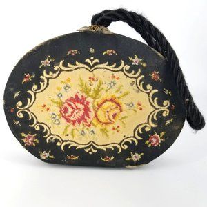 Vintage Round Purse Evening Bag Hand Clutch Black Tapestry Floral Set Germany